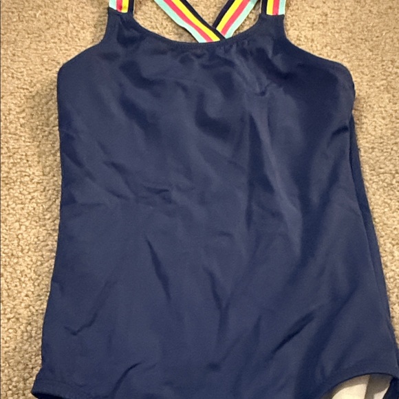 Navy Blue Swimsuit with Rainbow Straps Girls 6X - Picture 3 of 3